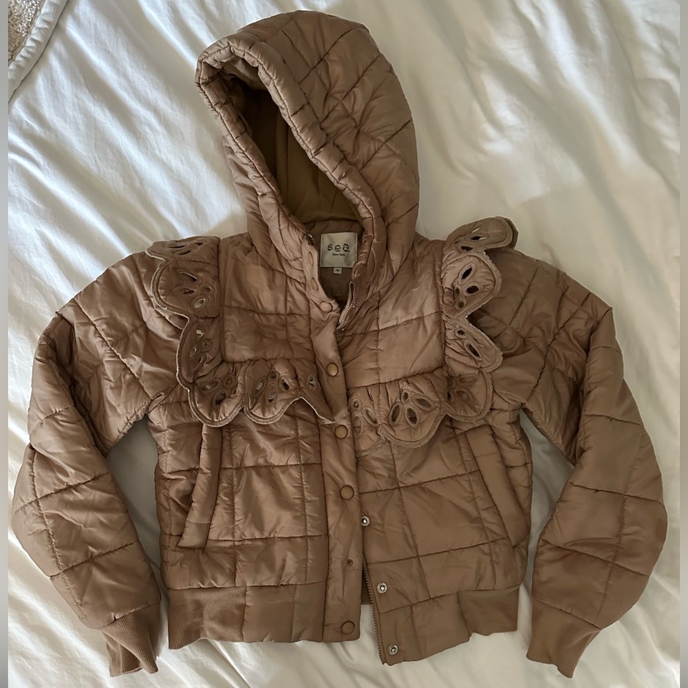 Sea New York Quilted Hooded Puffer Jacket in Light Brown
